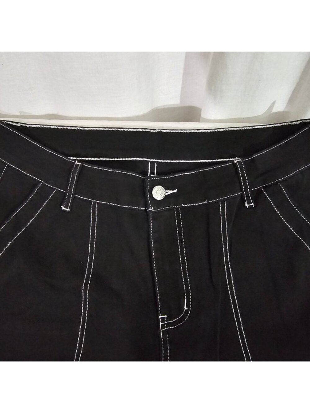 Black Wide-Leg Pants White Contrast Stitching High Rise Pockets Unbranded Size L - Picture 2 of 5